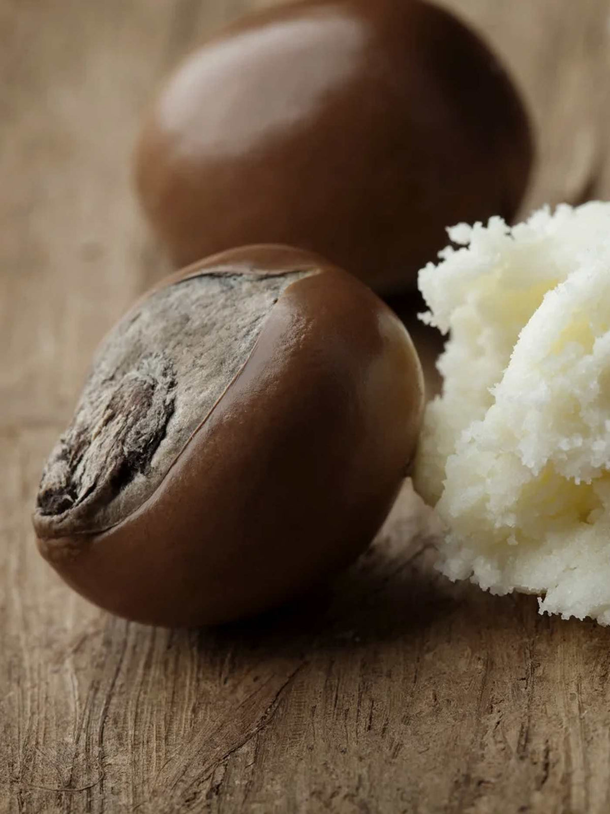 Two smooth brown oval raw shea nuts, shown next to a scoop of shea butter on a rustic wooden surface.